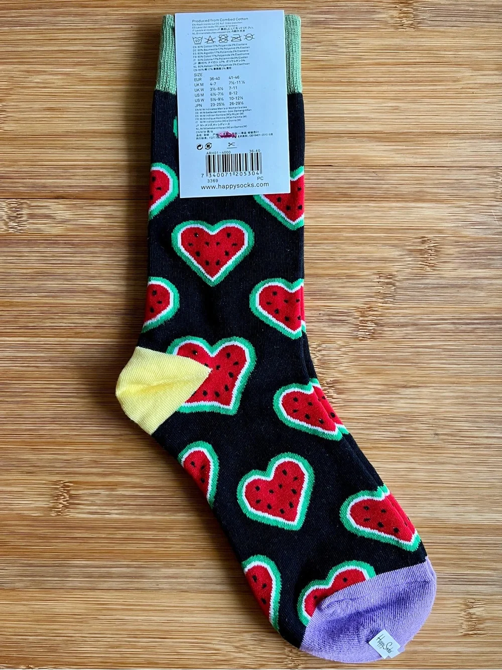 1 Pair Of Happy Socks Black with Red Heart Shaped Watermelons Unisex crew socks
